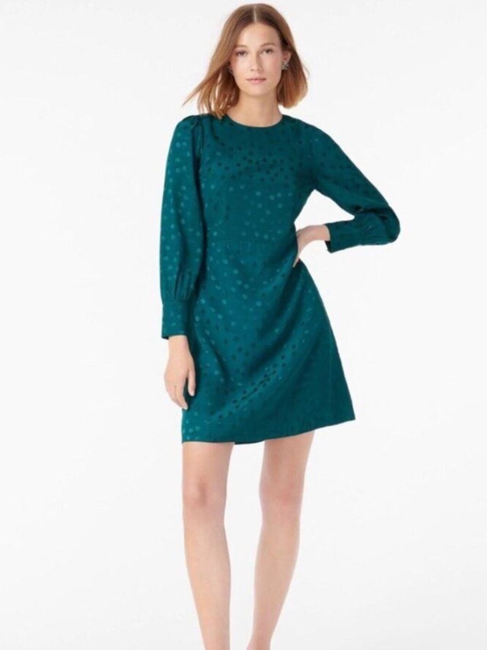J Crew Shift Dress Jacquard Floral Dot ALine Emerald Green Sz 4 NWOT Long Sleeve